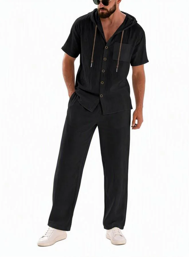 تايك تو Men Black Linen Hooded Shirt And Trousers Set