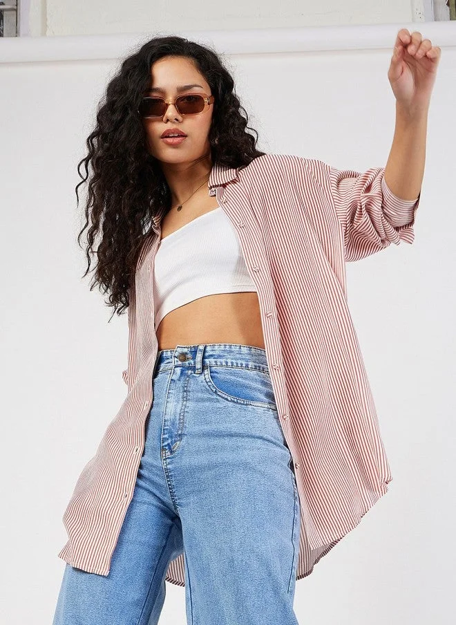 SASSAFRAS Red Striped Oversized Casual Shirt for Women