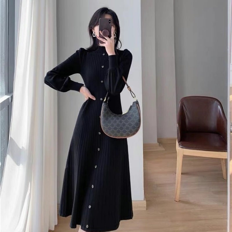 Z2025 Autumn and Winter New South Korea Elegant Sweater Skirt Half-high Neck Inner Long Knitted Long-sleeved dress Apricot - Image 3
