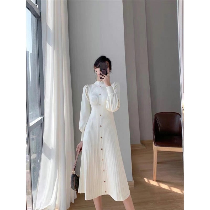 Z2025 Autumn and Winter New South Korea Elegant Sweater Skirt Half-high Neck Inner Long Knitted Long-sleeved dress Apricot - Image 5