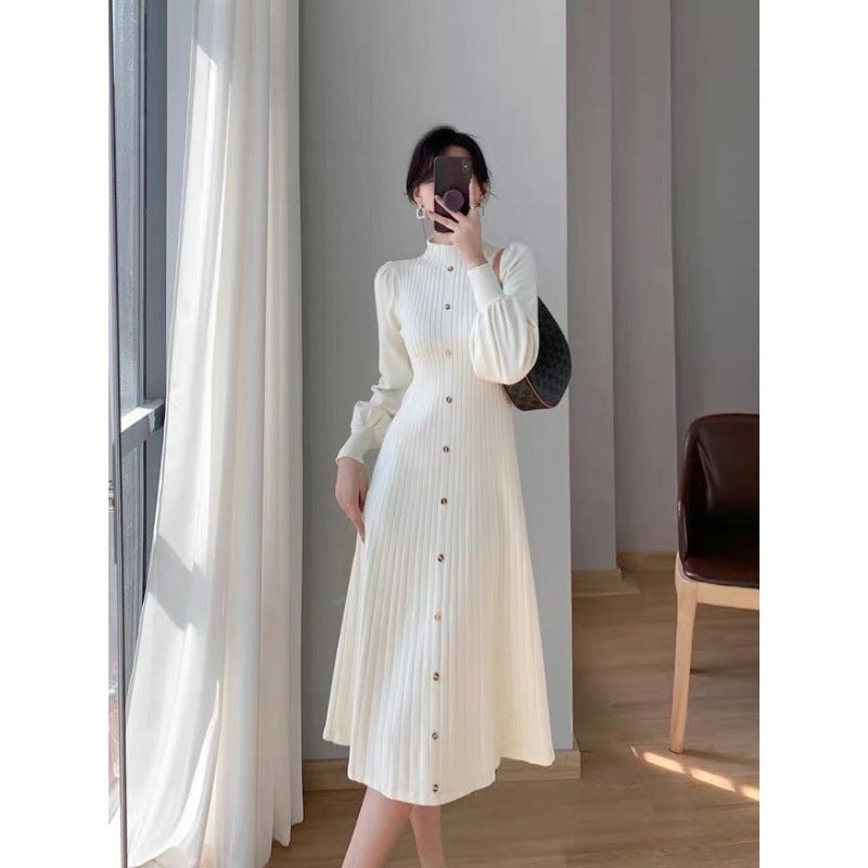 Z2025 Autumn and Winter New South Korea Elegant Sweater Skirt Half-high Neck Inner Long Knitted Long-sleeved dress Apricot - Image 4
