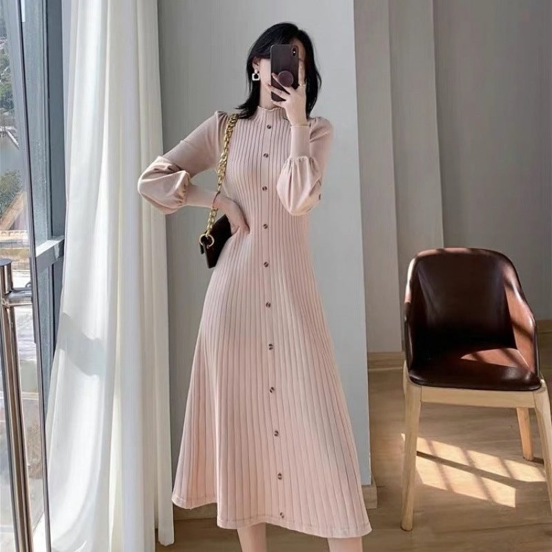Z2025 Autumn and Winter New South Korea Elegant Sweater Skirt Half-high Neck Inner Long Knitted Long-sleeved dress Apricot - Image 2