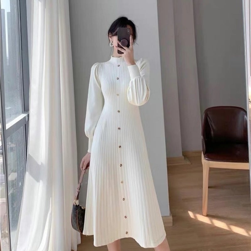 Z2025 Autumn and Winter New South Korea Elegant Sweater Skirt Half-high Neck Inner Long Knitted Long-sleeved dress Apricot - Image 1