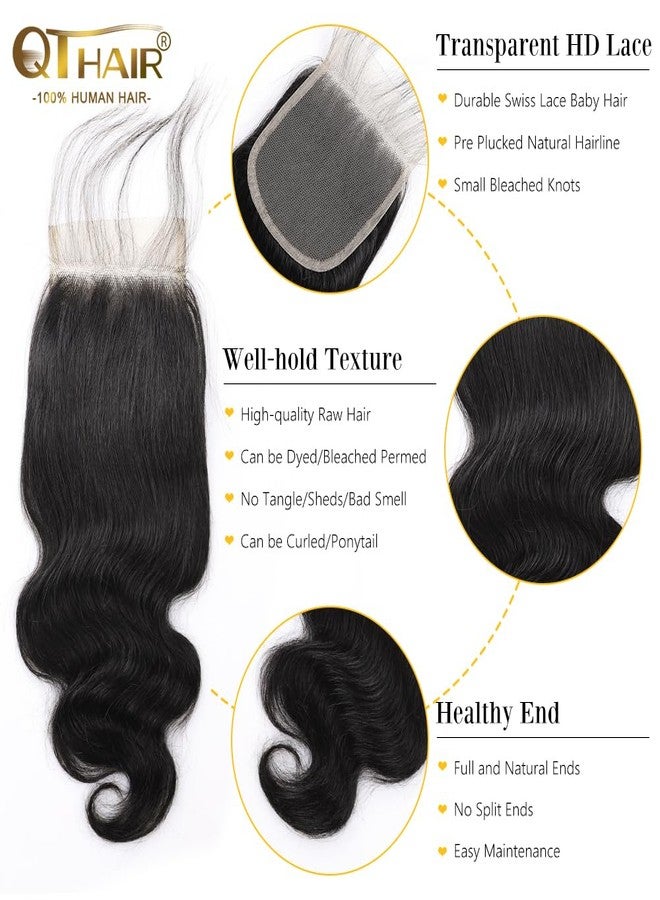 QTHAIR 16A Brazilian Body Wave Human Hair Transparent HD Lace Closure 150% Density Unprocessed Body Wave Human Hair Weave with 4x4 Free Part Lace Closure Natural Color 14" for Black Women - Image 3