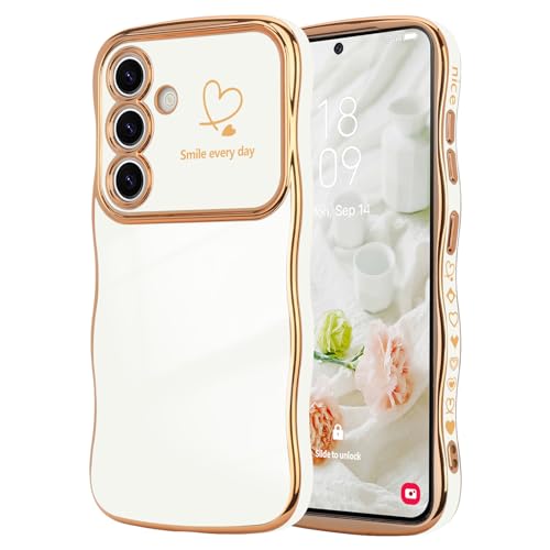 LCHULLE for Samsung Galaxy S25 Plus Case for Women Girls, Cute Wave Frame Curly Shape with Love Heart Raised Camera Protection Cover Luxury Plating Shockproof Phone Case for Galaxy S25 Plus 5G, White - Image 1