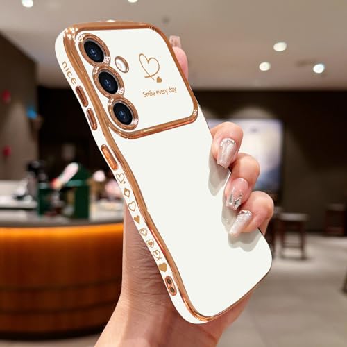 LCHULLE for Samsung Galaxy S25 Plus Case for Women Girls, Cute Wave Frame Curly Shape with Love Heart Raised Camera Protection Cover Luxury Plating Shockproof Phone Case for Galaxy S25 Plus 5G, White - Image 2