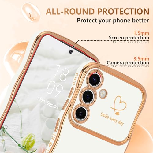 LCHULLE for Samsung Galaxy S25 Plus Case for Women Girls, Cute Wave Frame Curly Shape with Love Heart Raised Camera Protection Cover Luxury Plating Shockproof Phone Case for Galaxy S25 Plus 5G, White - Image 4