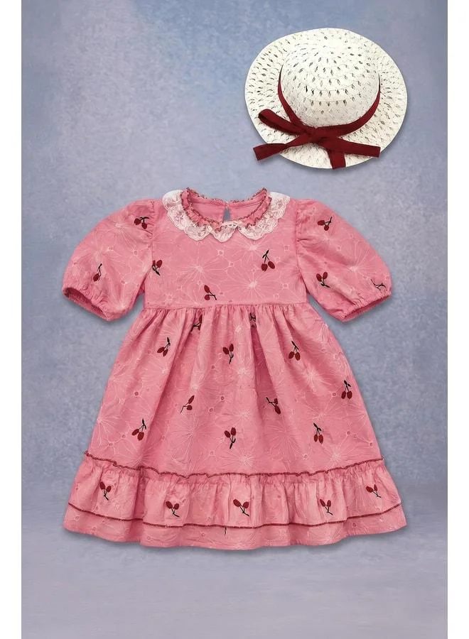 Perendi Girl's Cherry Embroidered Lace-Collared Hat Brocade Dress - 100% Cotton Lined