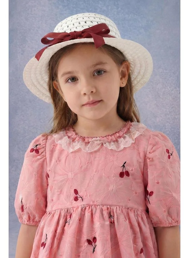Perendi Girl's Cherry Embroidered Lace-Collared Hat Brocade Dress - 100% Cotton Lined