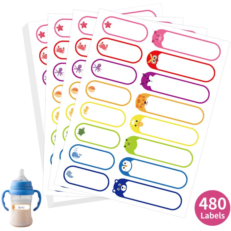 MOWPOG 480 Pcs Labels for Kids Stuff Daycare, Waterproof Baby Name Label, Washable Bottle Labels, Reusable Self-Adhesive Tag Stickers for School Essentials, Self-Laminating Write-on - Image 1