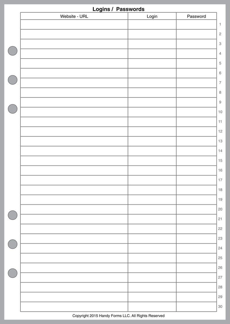 A5 Size Login Password List, Sized and Punched for 6-Ring A5 Notebooks by Filofax, LV (GM), Kikki K, TMI, and Others. Sheet Size 5.83" x 8.27" (148mm x 210mm)
