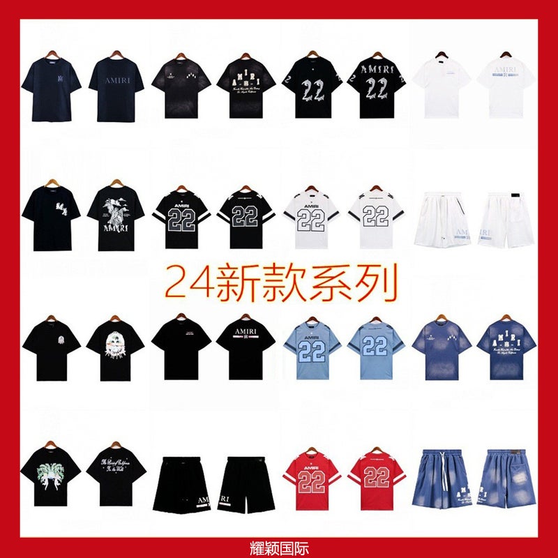 Amiri24 New Logo Short-Sleeved T-Shirt Digital 22 Washed Retro Couples Trendy Sports 5 Points Shorts Suit - Image 2