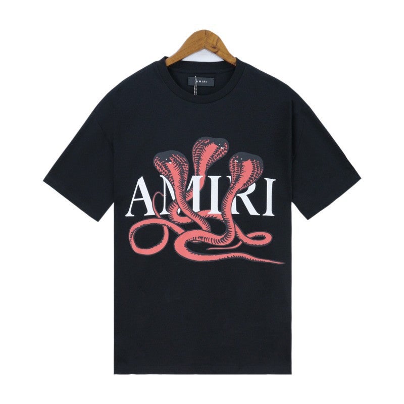 Amiri24 New Logo Short-Sleeved T-Shirt Digital 22 Washed Retro Couples Trendy Sports 5 Points Shorts Suit - Image 1