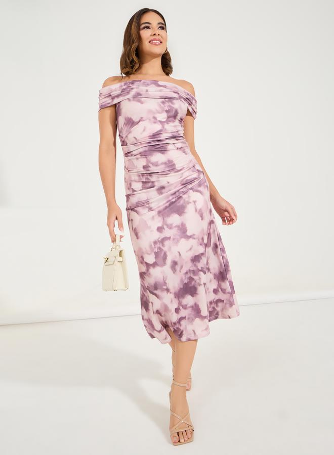 Styli Dyed Ruched Off Shoulder A-Line Midi Dress  - Image 1