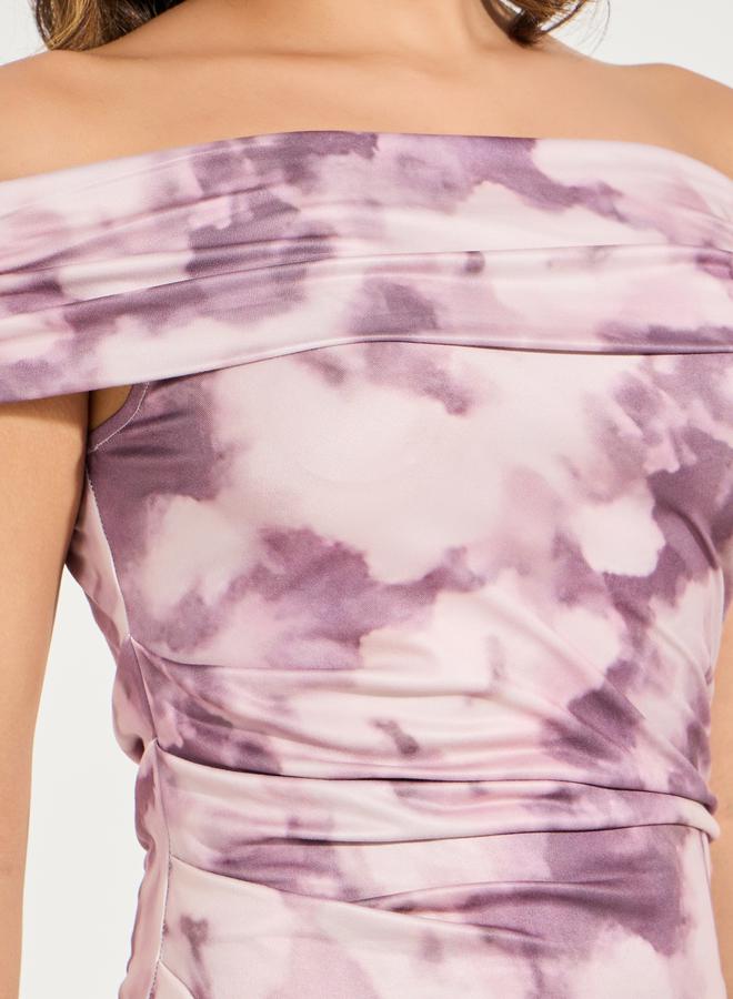 Styli Dyed Ruched Off Shoulder A-Line Midi Dress  - Image 3