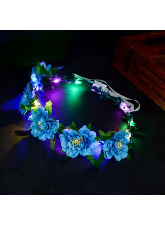 Luminous Greath Children Adult Princess Bright Headwear Scenic Spot Festival Photo Fairy Flash Greath Headband-Color:Peony Garland Blue + Lanterns - Image 1