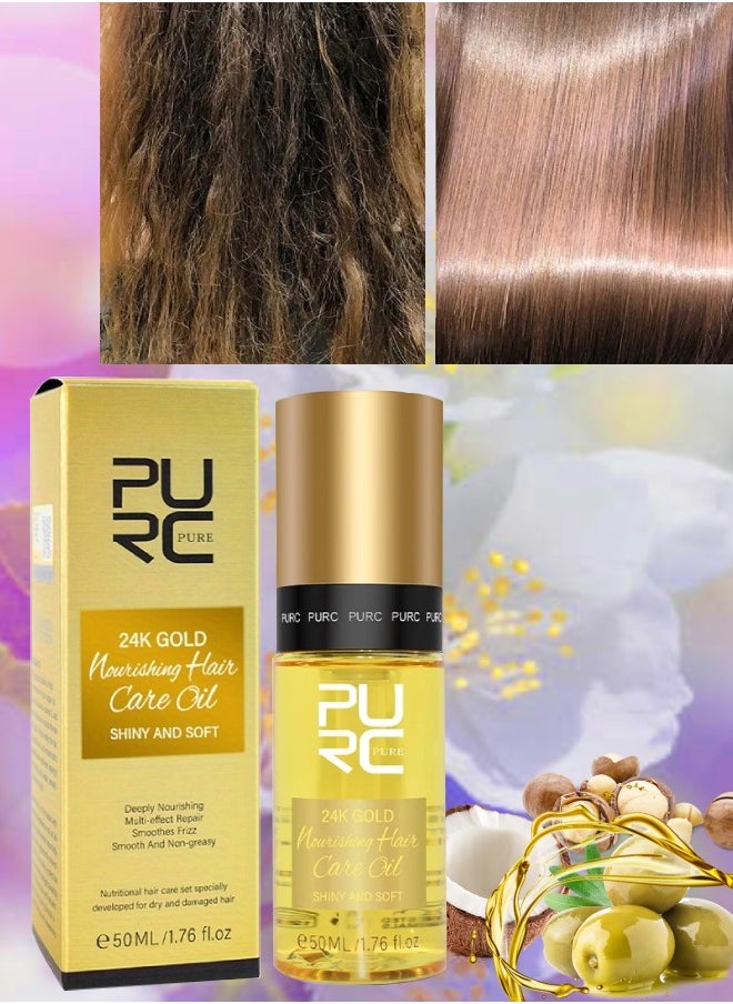 PURC 50ml 24k Gold Nourishing Hair Care Oil Shiny Soft Deeply Nourishing Multi Effect Repair Hair Oil with 24k Gold Argon Oil Coconut Oil Olive Oil Hair Care Oil for Dry and Damaged Hair Serum  - Image 1
