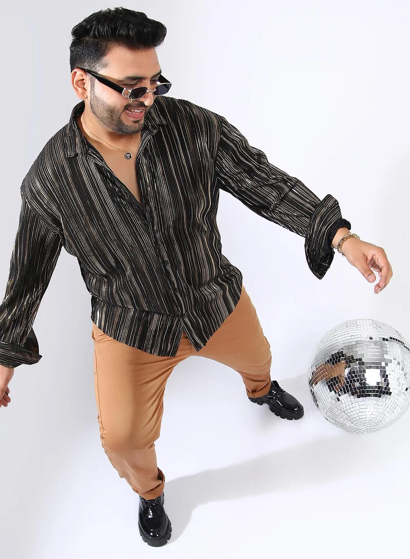 Instafab Plus Men's Jet Black & Metallic Gold Pleat-Creased Shirt