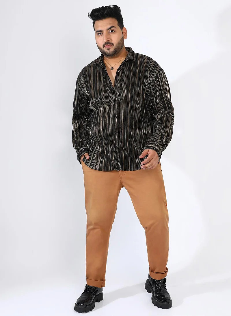 Instafab Plus Men's Jet Black & Metallic Gold Pleat-Creased Shirt