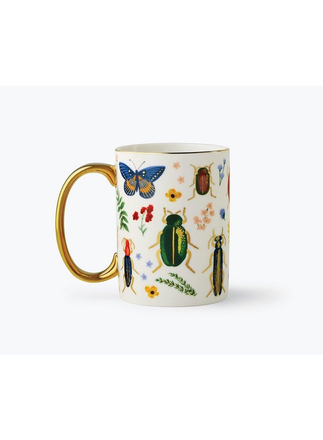 رايفل بيبر كو. كوب كوريو من البورسلين من شركة رايفل بيبر - كوب بورسلين سعة 16 أونصة، مزين برسومات ملونة بالكامل مع لمسات ذهبية معدنية، 4.5 بوصة طول × 3.125 بوصة عرض، تصميمات طبيعية معقدة مع حافة ومقبض مطليين بالذهب - Image 2