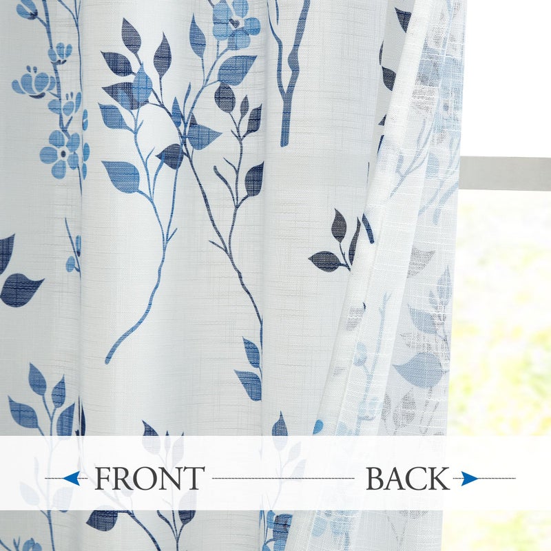 Beauoop Floral linen Semi Sheer Curtains 54 Inch Length 2 Panels for Living Room Bedroom Blue Navy Farmhouse Flower Patterned Light Filtering Textured Grommet Top Window Treatments Drapes, 50x54 2 Set - Image 3