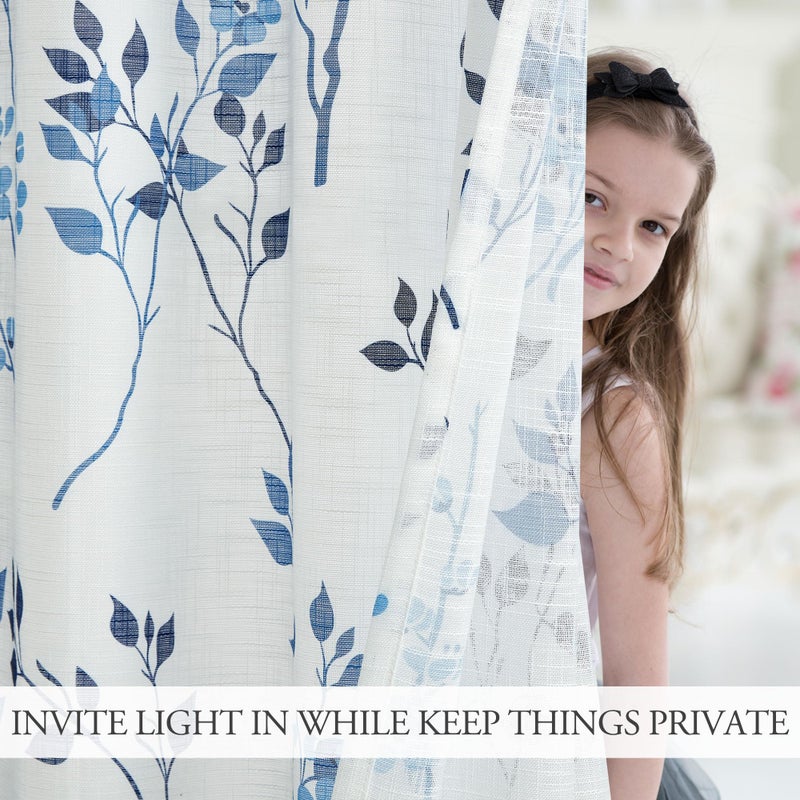 Beauoop Floral linen Semi Sheer Curtains 54 Inch Length 2 Panels for Living Room Bedroom Blue Navy Farmhouse Flower Patterned Light Filtering Textured Grommet Top Window Treatments Drapes, 50x54 2 Set - Image 5