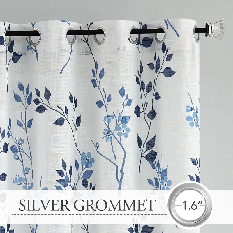 Beauoop Floral linen Semi Sheer Curtains 54 Inch Length 2 Panels for Living Room Bedroom Blue Navy Farmhouse Flower Patterned Light Filtering Textured Grommet Top Window Treatments Drapes, 50x54 2 Set - Image 2