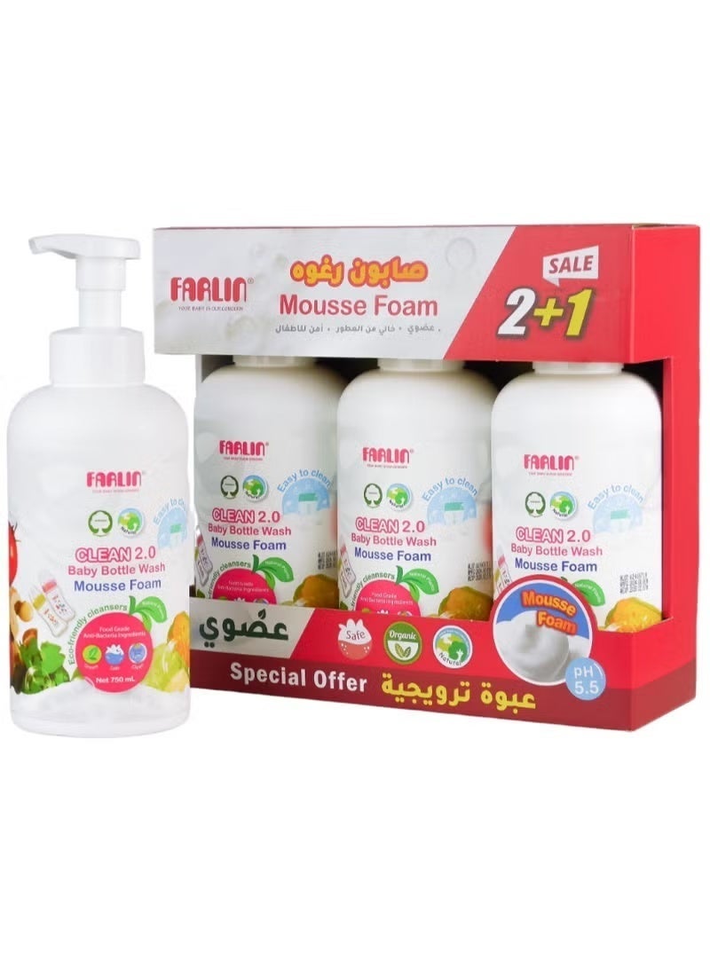 FARLIN Pack Of 3 Eco Friendly Farlin Clean 2.0 Baby Bottle Wash Mousse Foam - 3 X 750 ML - Image 1