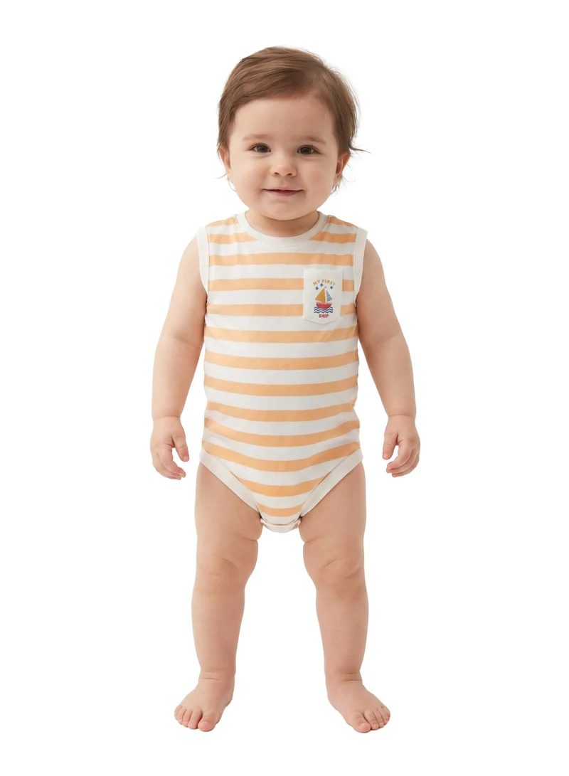 ايكو AIKO Infant Baby Girls 3-Piece Clothing Set – Beach Print T-Shirt, Striped Sleeveless Bodysuit and Elastic-Waist Pants, Green/Orange