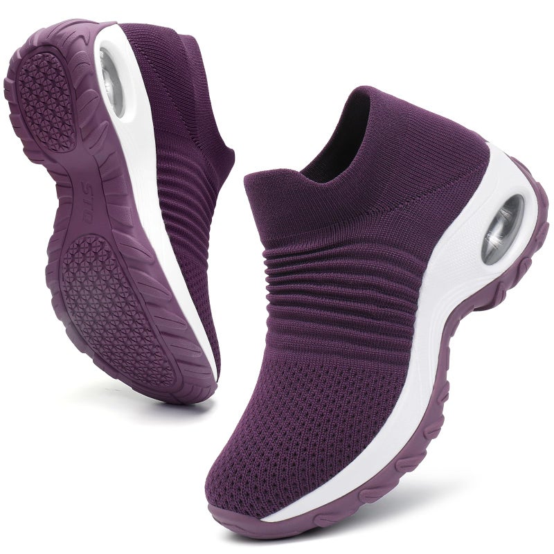 HKR Women's Walking Shoes Arch Support Non Slip Work Sneakers Breathable Knit Upper Lightweight for Plantar Fasciitis Prune Purple Size 8 - Image 1