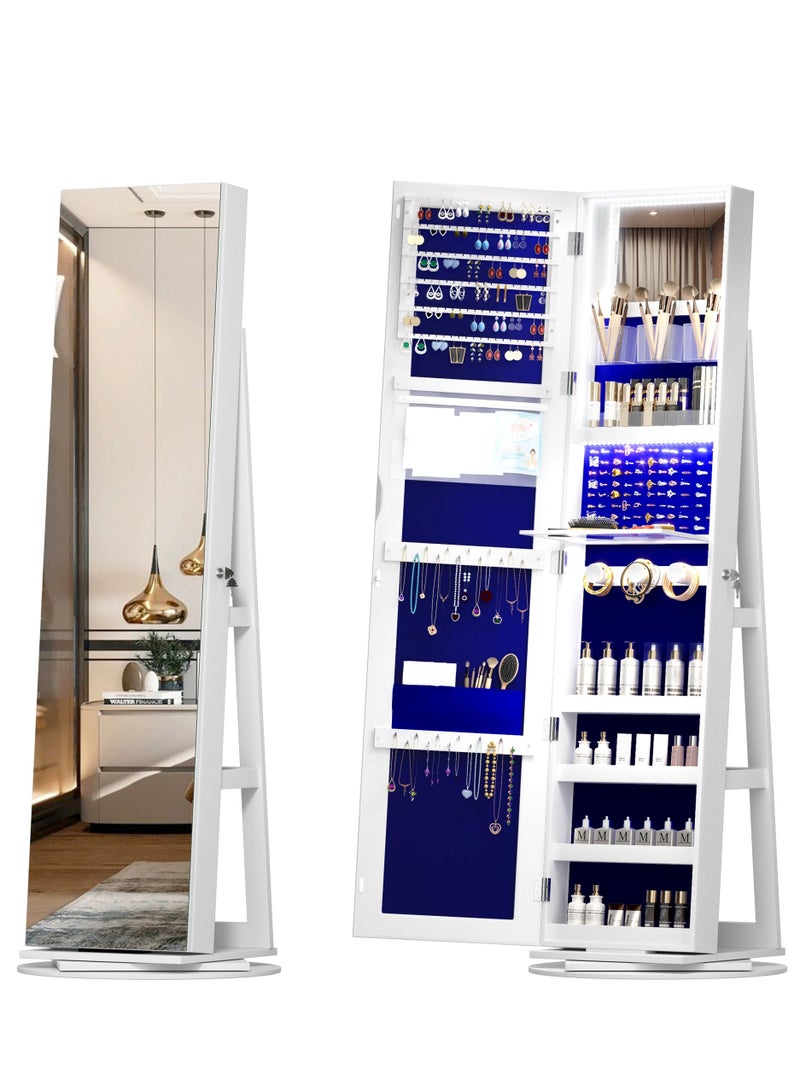 Full Body Mirror Jewelry Armoire Cabinet Full Length Mirror 360°Rotating with Storage Rack,Standing Mirror Jewelry Organizer with Led Lights,3 In 1 Lockable Jewelry Makeup Storage Organizer - Image 1
