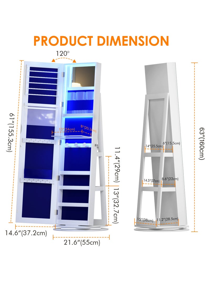 Full Body Mirror Jewelry Armoire Cabinet Full Length Mirror 360°Rotating with Storage Rack,Standing Mirror Jewelry Organizer with Led Lights,3 In 1 Lockable Jewelry Makeup Storage Organizer - Image 2