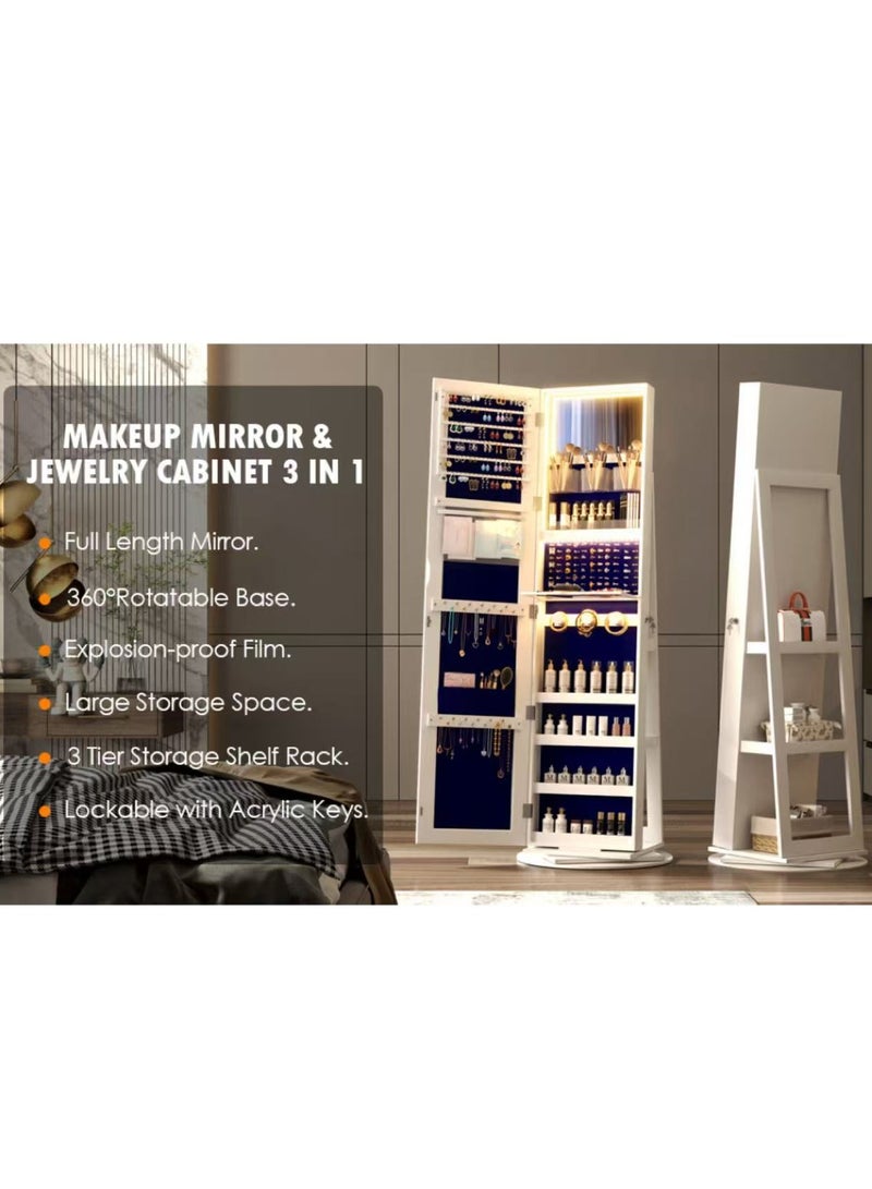 Full Body Mirror Jewelry Armoire Cabinet Full Length Mirror 360°Rotating with Storage Rack,Standing Mirror Jewelry Organizer with Led Lights,3 In 1 Lockable Jewelry Makeup Storage Organizer - Image 3