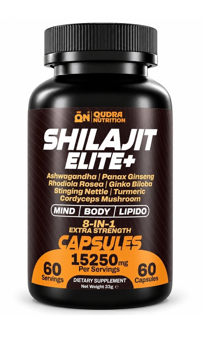 Qudra Nutrition Shilajit Elite+ 8-in-1 Capsules | Shilajit, Ashwagandha, Ginseng & Ginkgo | For Elite Body Mind and Lipido | 60 Capsules - Image 1
