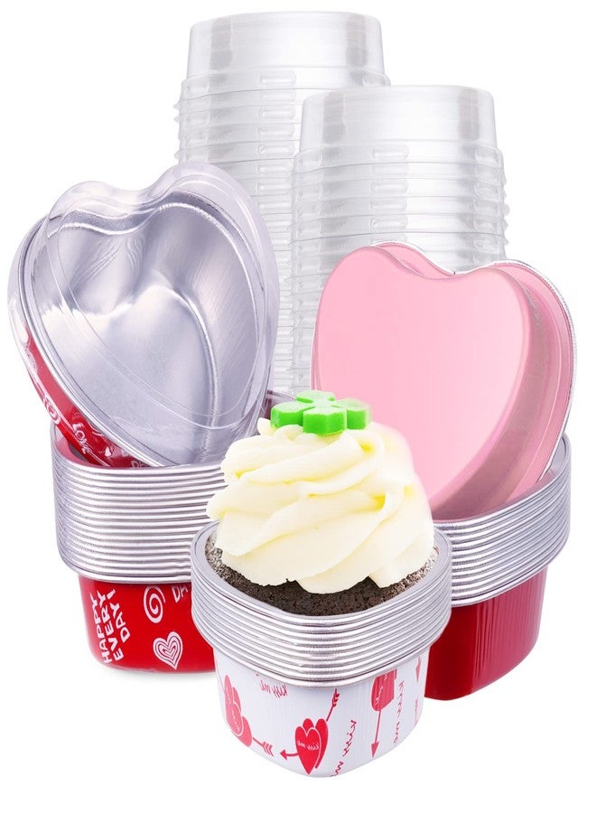 yeload 60 Pcs Heart Shaped Cake Pans with Lids, Aluminum Mini Cake Pans, 3.4 Oz/ 100ml Foil Disposable Flan Pan Cupcake Tins Baking Pan for Valentine's Mother's Day Party (White, Red, Pink, Red Heart, 60) - Image 1