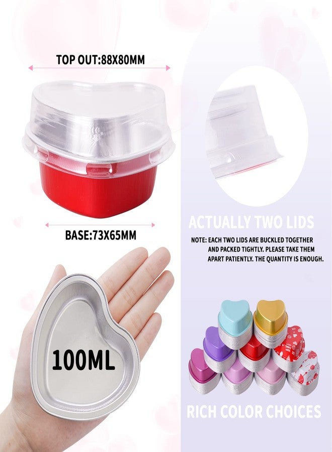 yeload 60 Pcs Heart Shaped Cake Pans with Lids, Aluminum Mini Cake Pans, 3.4 Oz/ 100ml Foil Disposable Flan Pan Cupcake Tins Baking Pan for Valentine's Mother's Day Party (White, Red, Pink, Red Heart, 60) - Image 2