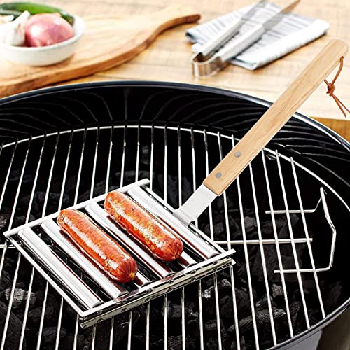 KAYCROWN Hot Dog Roller Sausage Rack with Extra Long Wood Handle, BBQ Griller For Evenly Cooked Dogs, 5 Capacity, Silver - Image 3