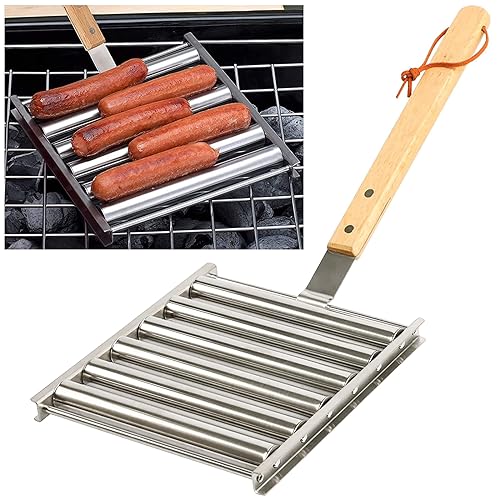 KAYCROWN Hot Dog Roller Sausage Rack with Extra Long Wood Handle, BBQ Griller For Evenly Cooked Dogs, 5 Capacity, Silver - Image 1