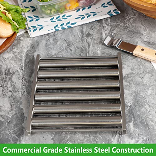 KAYCROWN Hot Dog Roller Sausage Rack with Extra Long Wood Handle, BBQ Griller For Evenly Cooked Dogs, 5 Capacity, Silver - Image 4