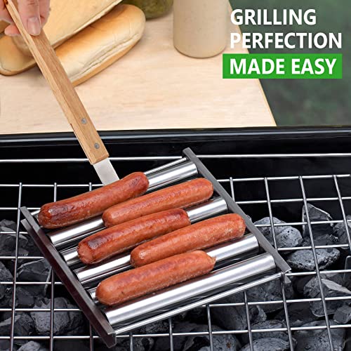KAYCROWN Hot Dog Roller Sausage Rack with Extra Long Wood Handle, BBQ Griller For Evenly Cooked Dogs, 5 Capacity, Silver - Image 2