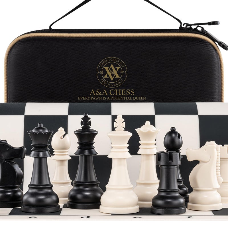 AA Chess Set 15x15 Foldable Silicone Chessboard and 325 King Height Weighted Plastic Staunton Pieces with Carrying Case for Portable Travel