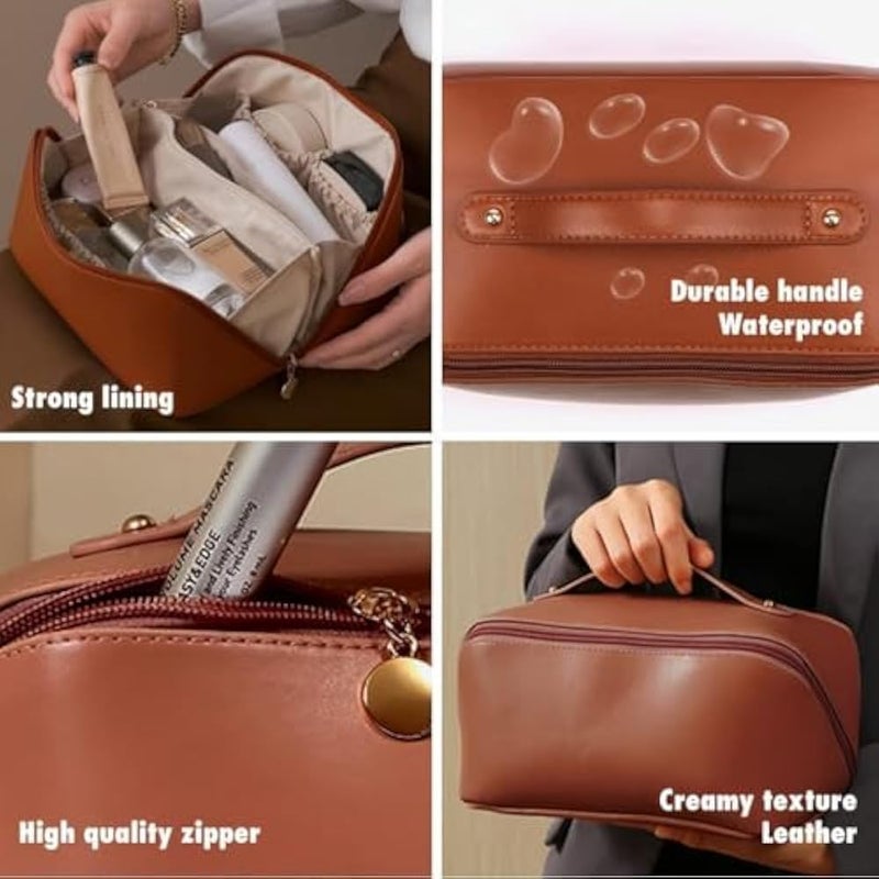 AMERTEER Large Capacity Travel Cosmetic Bag, Multifunctional Storage Makeup Bag PU Leather Makeup Bag, with Handle and Divider Travel Cosmetic Bags for Women, Brown, Toiletry Bag - Image 4