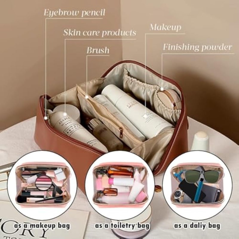 AMERTEER Large Capacity Travel Cosmetic Bag, Multifunctional Storage Makeup Bag PU Leather Makeup Bag, with Handle and Divider Travel Cosmetic Bags for Women, Brown, Toiletry Bag - Image 5