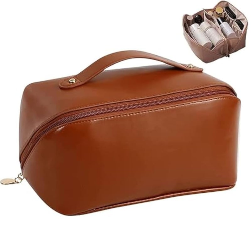 AMERTEER Large Capacity Travel Cosmetic Bag, Multifunctional Storage Makeup Bag PU Leather Makeup Bag, with Handle and Divider Travel Cosmetic Bags for Women, Brown, Toiletry Bag - Image 1
