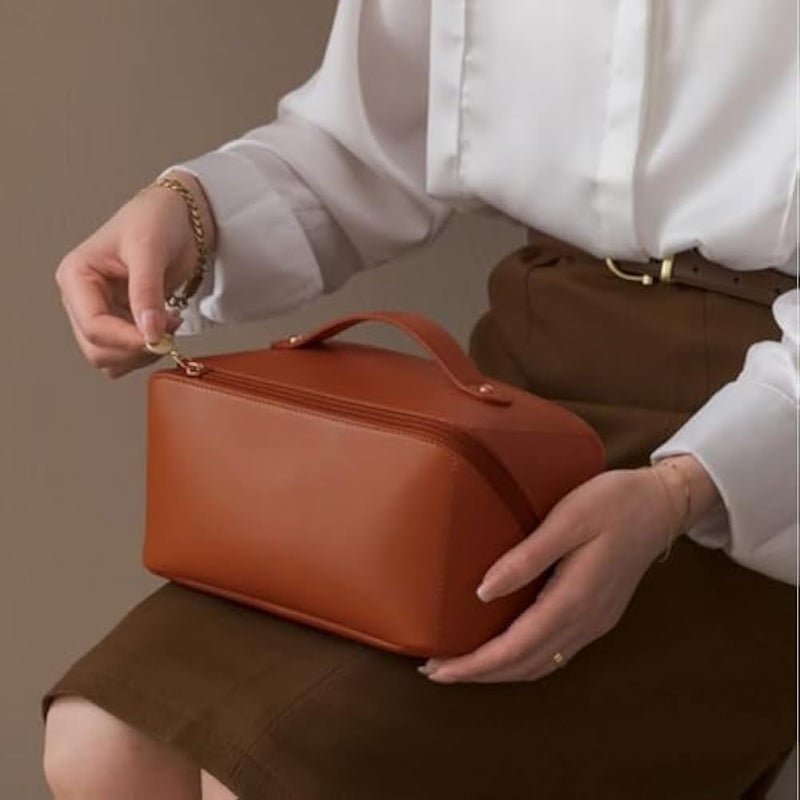AMERTEER Large Capacity Travel Cosmetic Bag, Multifunctional Storage Makeup Bag PU Leather Makeup Bag, with Handle and Divider Travel Cosmetic Bags for Women, Brown, Toiletry Bag - Image 3