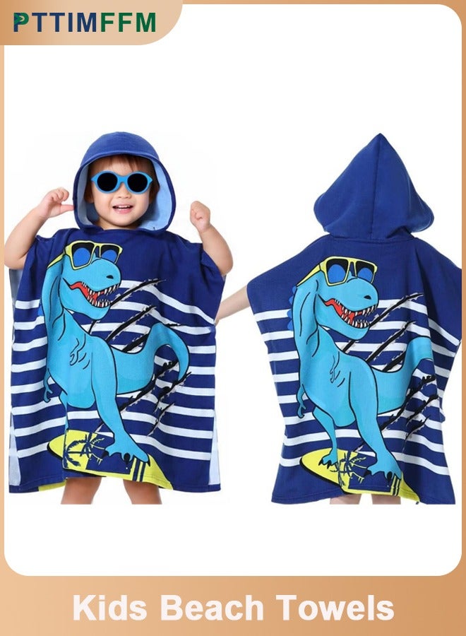 PTTIMFFM Hooded Kids Beach Towels,for 0-7 Years Kids, Summer Must, Soft & Absorbent, Swimming Pool Changing Robe Bath Towel (Blue Dinosaur) - Image 1
