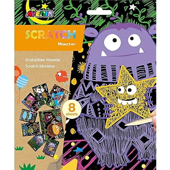 Avenir SCRATCH ART KIT  MONSTER | UNLEASH CREATIVITY WITH VIBRANT DRAWINGS! 4 THEMED SCRATCH BOARDS AND SCRATCH TOOL | WATCH BRILLIANT COLORS UNFOLD, ENGAGING ACTIVITY FOR YOUNG ARTISTS 3+ - Image 4