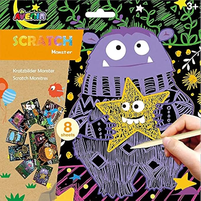 Avenir SCRATCH ART KIT  MONSTER | UNLEASH CREATIVITY WITH VIBRANT DRAWINGS! 4 THEMED SCRATCH BOARDS AND SCRATCH TOOL | WATCH BRILLIANT COLORS UNFOLD, ENGAGING ACTIVITY FOR YOUNG ARTISTS 3+ - Image 1