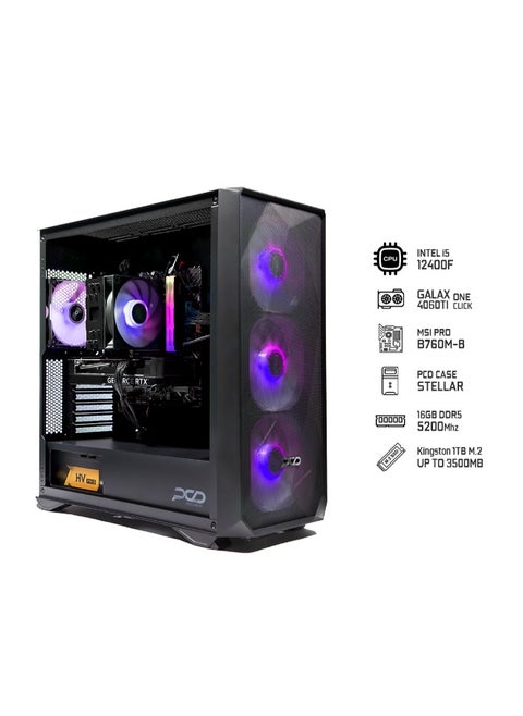 STELLAR Gaming PC High Performance with Intel Core i5-12400F Processor/16GB RAM/1TB SSD/8GB NVIDIA GeForce RTX 4060TI Graphics Card/Windows 11 Pro/Black
