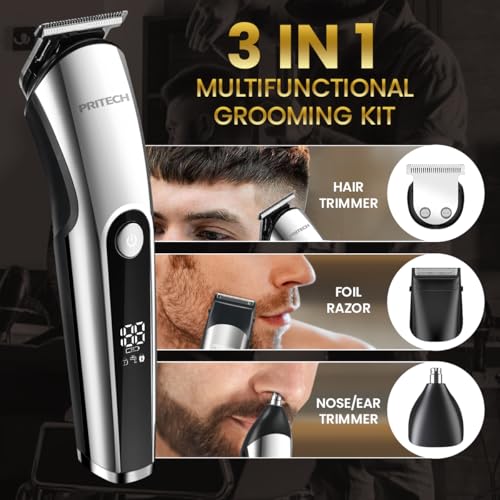 PRITECH Beard Trimmer for Men, 3 in 1 Hair Clippers for Men Kit, Nose,Ear,Micro Electric Shaver, Mens Grooming Set Cordless with LED Display IPX6 Waterproof (Silver) - Image 3